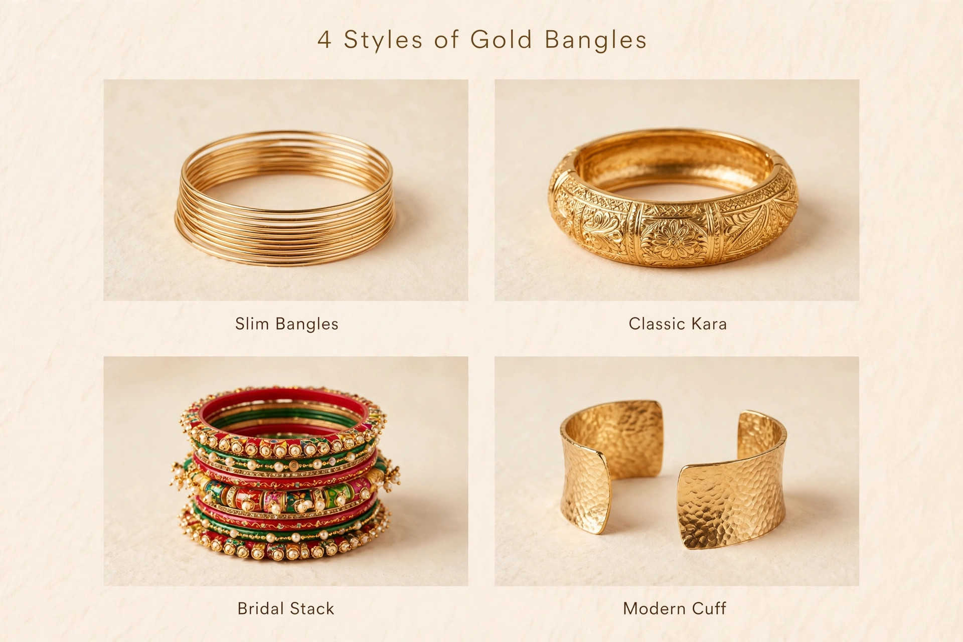 Styles of gold bangles: slim bangles, classic kara, bridal stack and modern cuff
