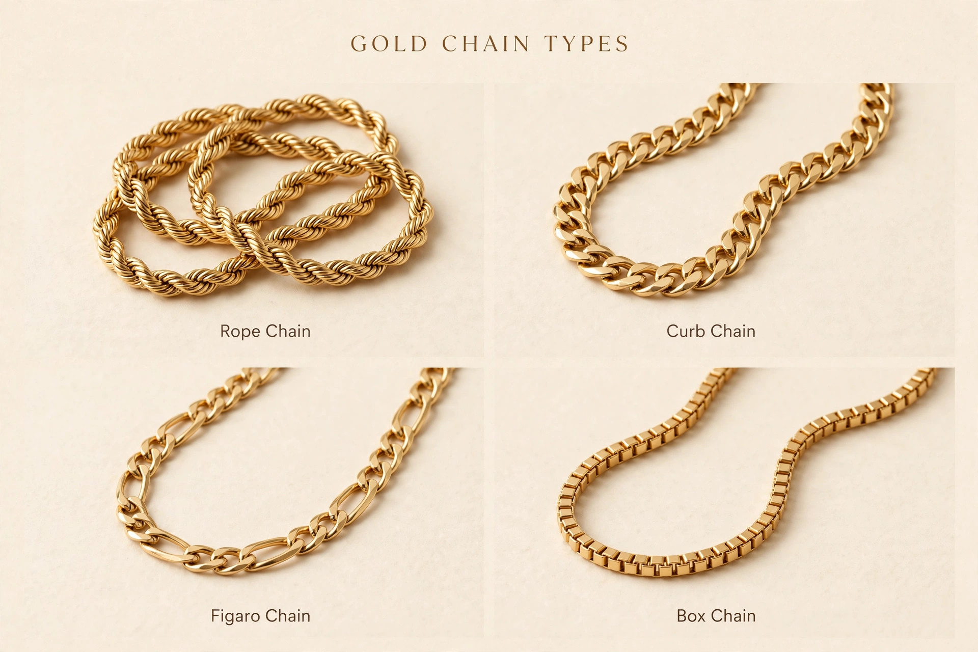 Types of gold chains: rope, curb, figaro and box chains