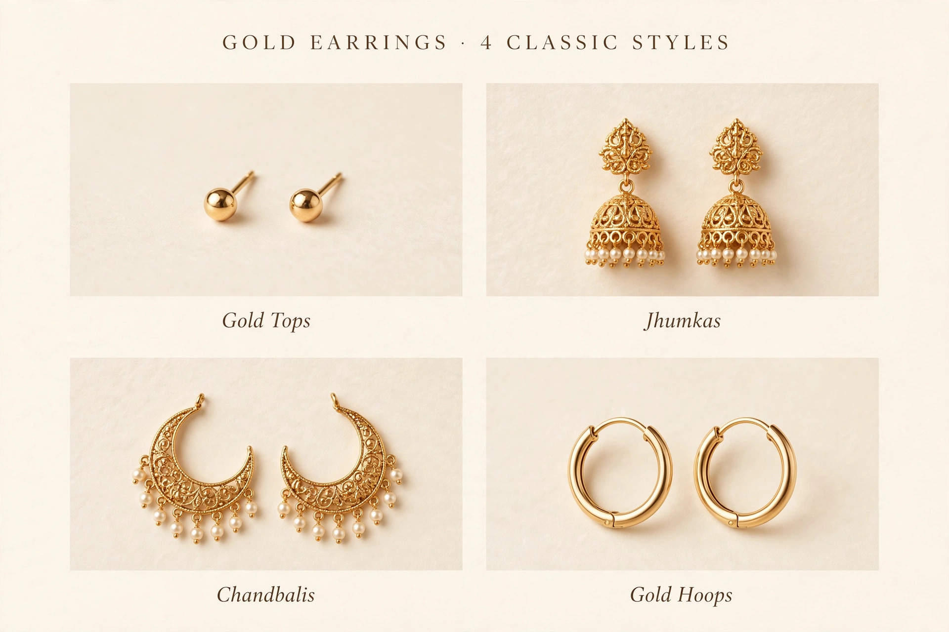 Types of gold earrings: tops, jhumkas, chandbalis and hoops