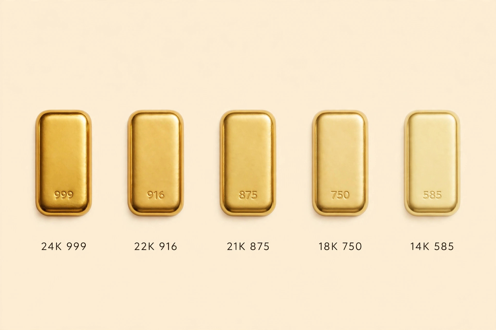 Infographic showing gold bars stamped 999, 916, 875, 750 and 585 with their karat equivalents
