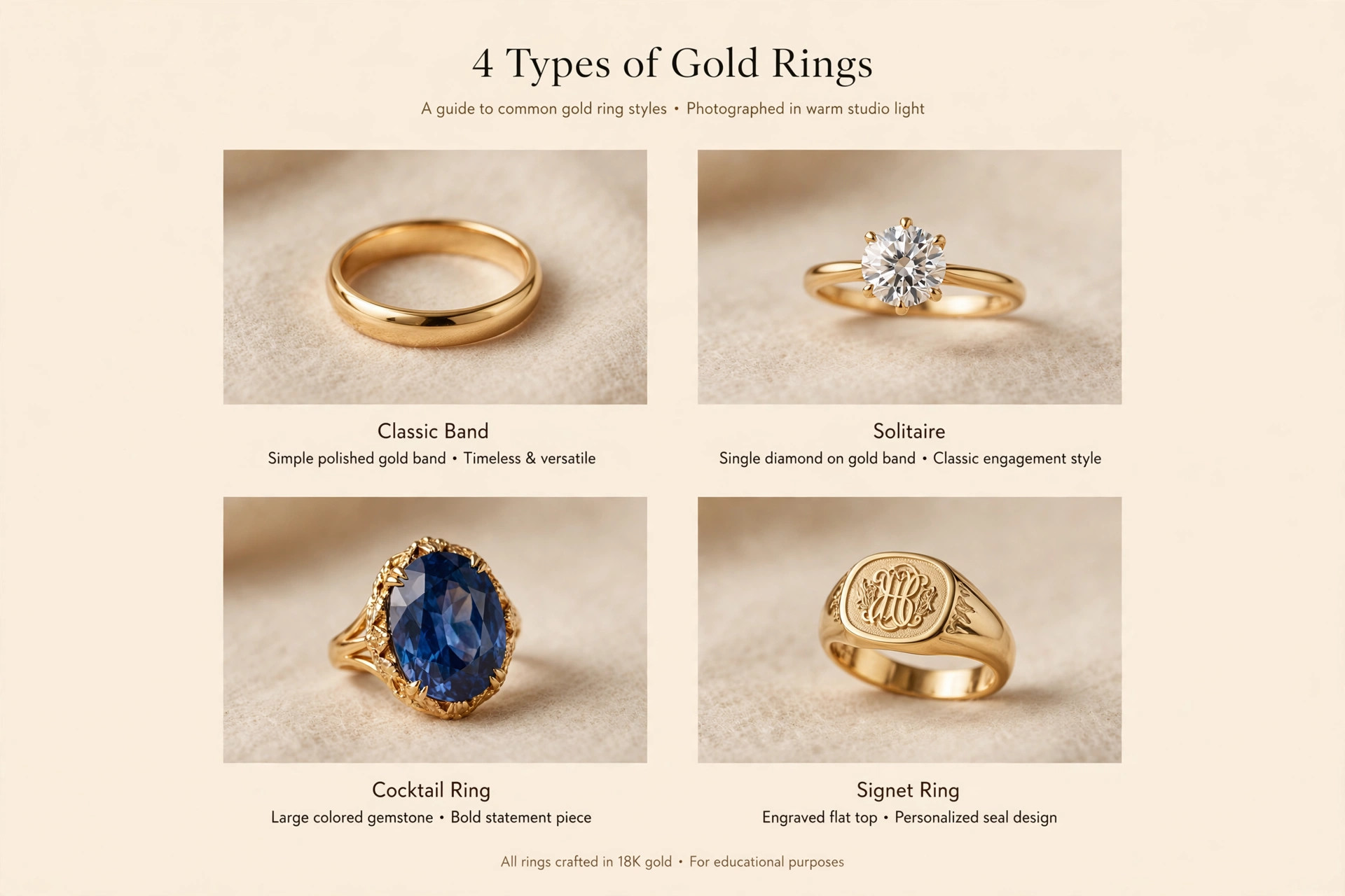 Types of gold rings: classic band, solitaire, cocktail ring and signet ring