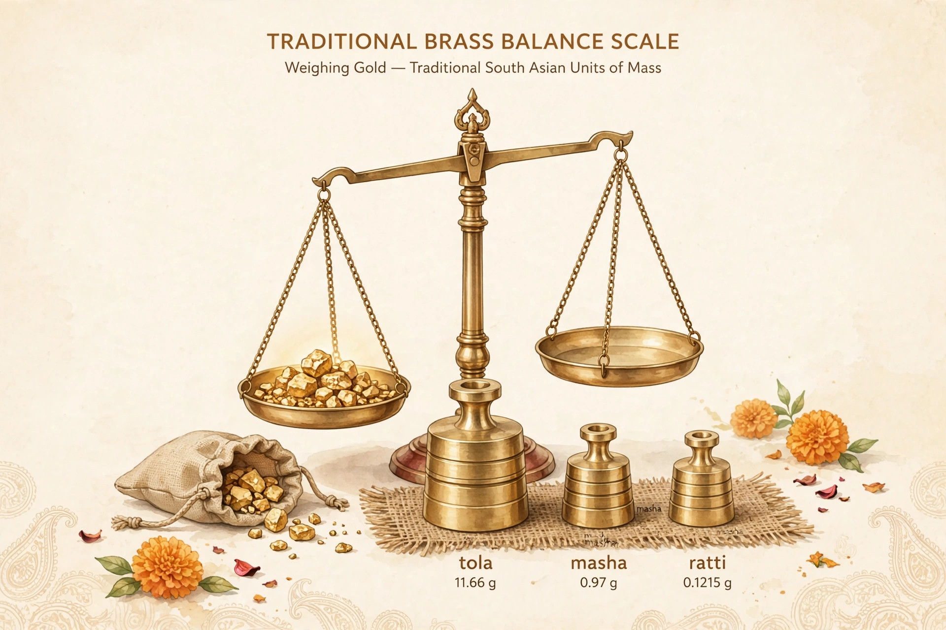 Traditional brass balance scale with tola, masha and ratti weights for weighing gold