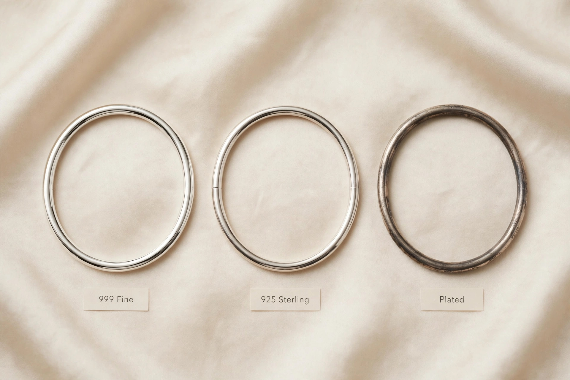 Three silver bangles showing the visual difference between 999 fine, 925 sterling and plated silver