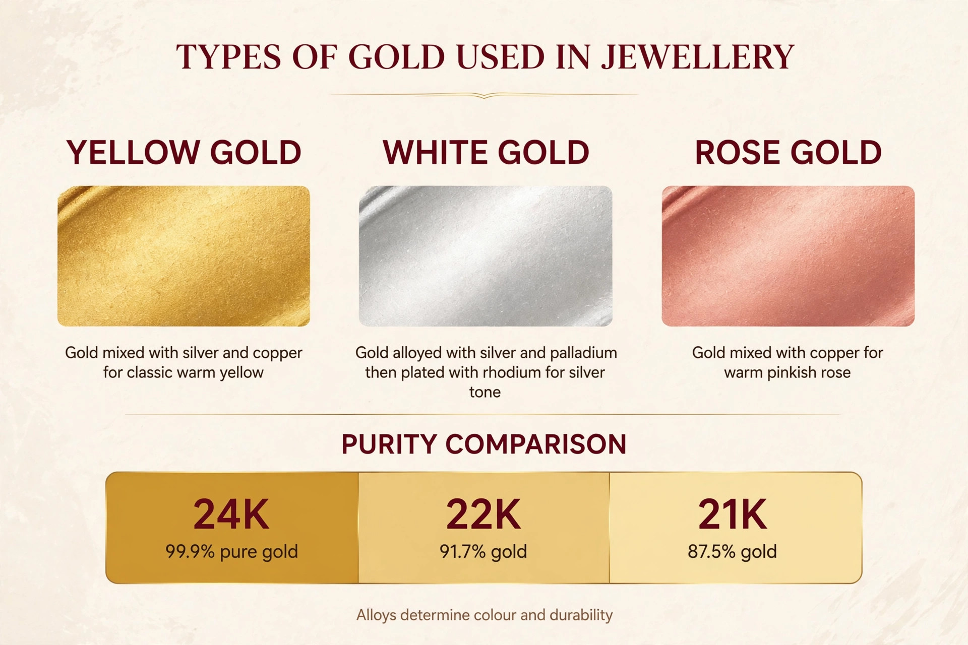 Infographic showing yellow gold, white gold and rose gold swatches with a purity comparison of 24K, 22K and 21K